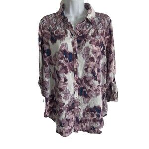 Womens Button up Shirt Size S Purple Floral Blouse Top w Roll tab Sleeves NWT